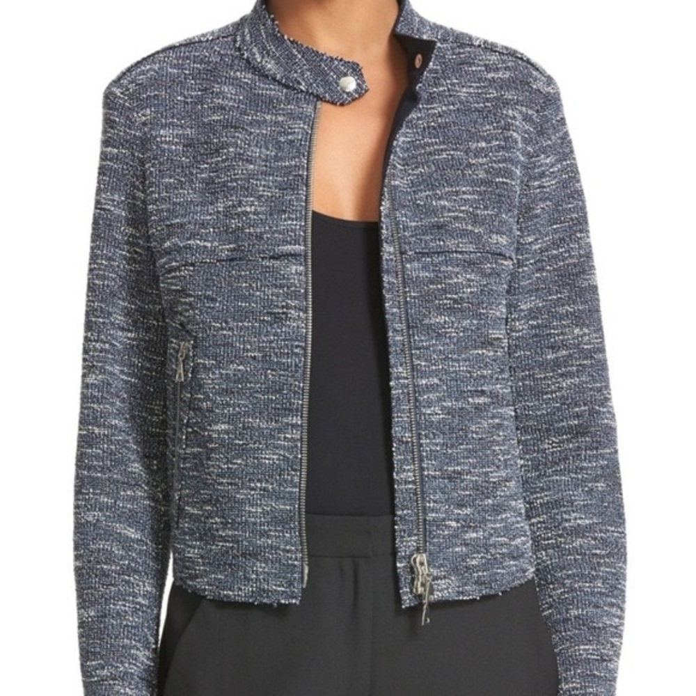 Theory Womens Bavewick K Branson Blue/White Cotton Blend Tweed Jacket, Medium